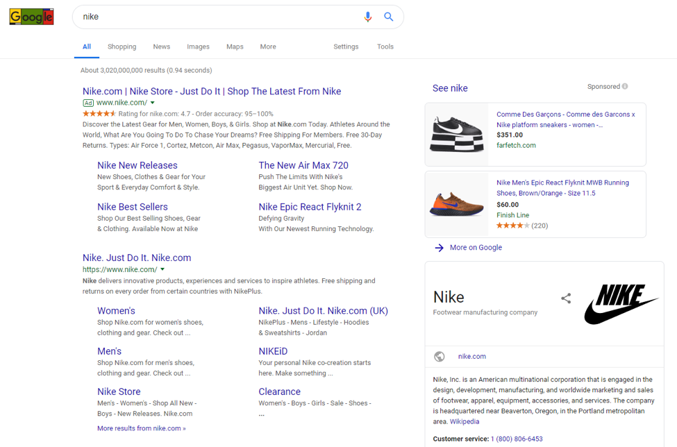 An example of paid search marketing in google search results.