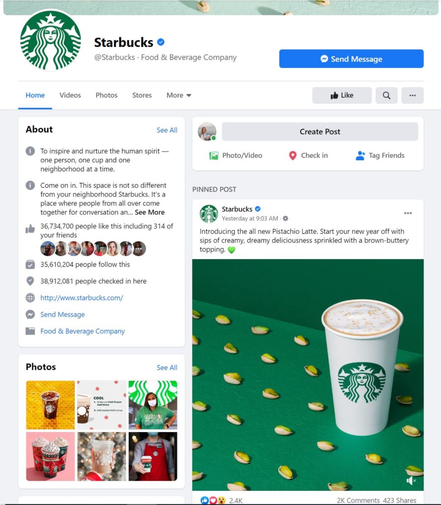 See how Starbucks utilizes the Pinned Post feature on its own Facebook page.  